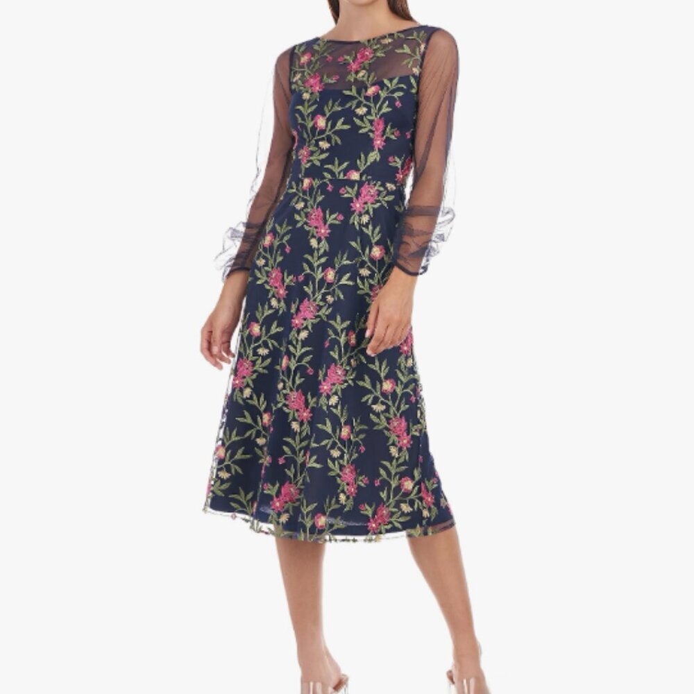 JS Collections Dress‎ Evelyn Illusion Midi floral blue size 10 NEW